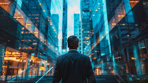 Businessman in suit standing in modern urban setting with glass buildings, symbolizing ambition and corporate success.