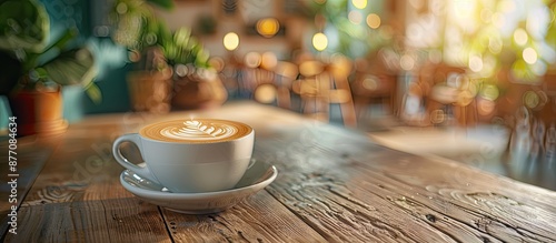 Enjoy a freshly brewed coffee with lovely latte art on a wooden table in a cafe setting, perfect for a coffee break with recreation and relaxation, surrounded by a copy space image. photo