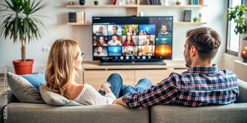 Caucasian Young Couple watching TV series and movies via streaming service at home.