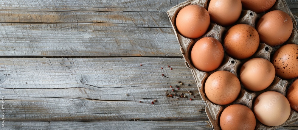 Top view of organic farm chicken eggs with pepper in a cardboard box placed on a gray wooden table, creating a rustic composition with copy space image. Top view of organic farm chicken eggs with pepper in a cardboard box placed on a gray wooden table, creating a rustic composition with copy space image.