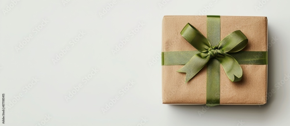 A plain brown gift box adorned with a green raffia ribbon and a label, all set against a white backdrop, ideal for a copy space image. A plain brown gift box adorned with a green raffia ribbon and a label, all set against a white backdrop, ideal for a copy space image.