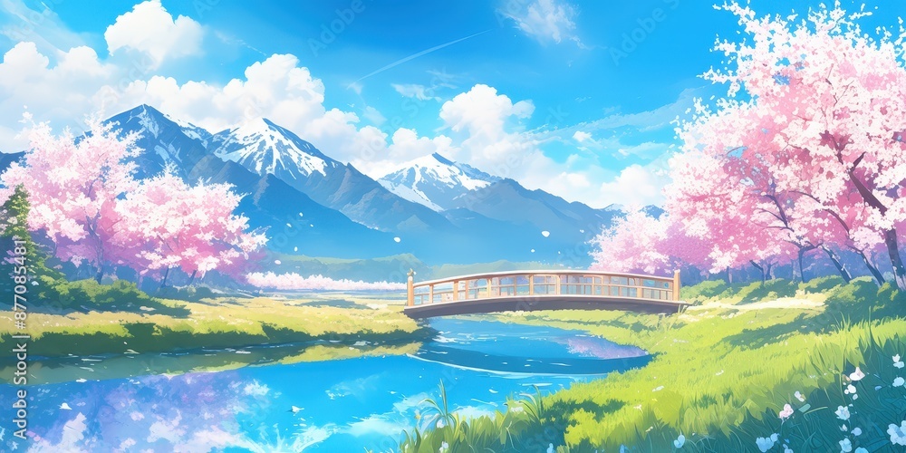 Naklejka premium Serene Spring Landscape with Cherry Blossoms and Mountain Views