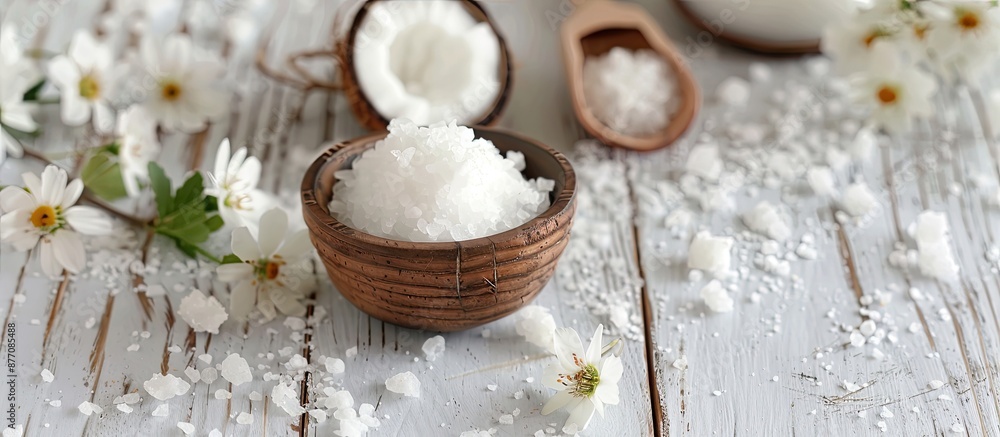 White wood table with coconut moisturizer cream and bath salt, showcasing a serene setting with a copy space image. White wood table with coconut moisturizer cream and bath salt, showcasing a serene setting with a copy space image.