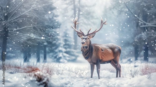 Noble deer male in winter snow forest. Artistic winter christmas landscape enerative ai © siriporn