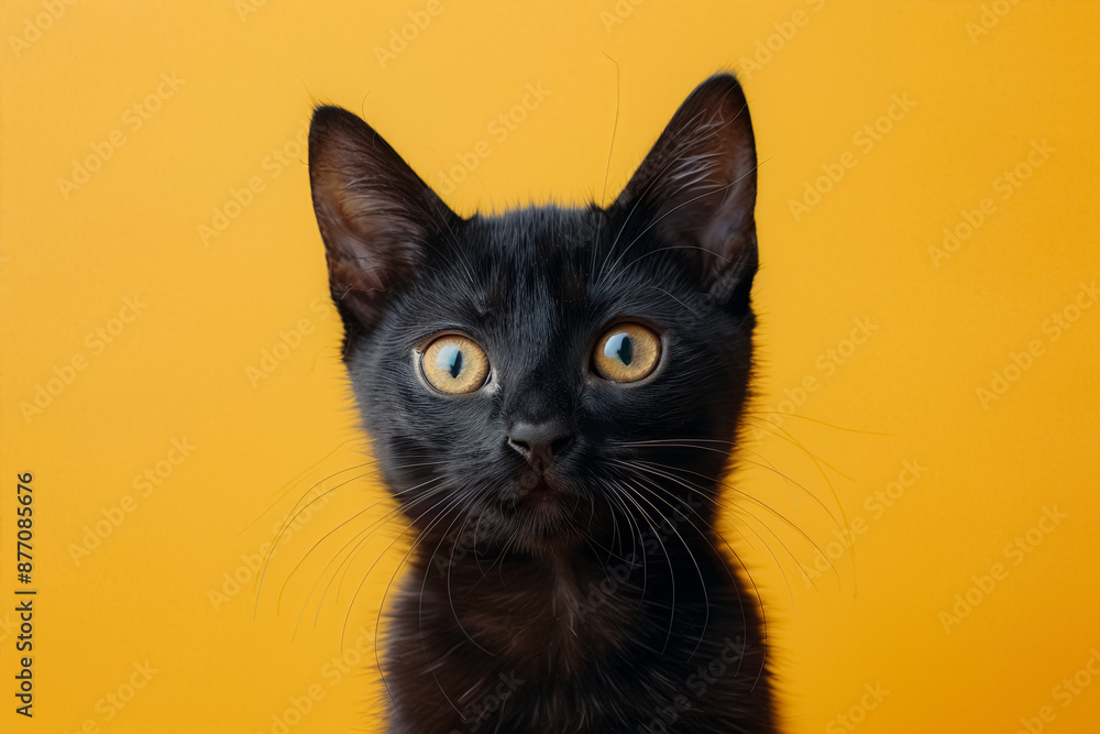 Close-up of an adorable black cat with striking yellow eyes against a vibrant yellow background. Close-up of an adorable black cat with striking yellow eyes against a vibrant yellow background.