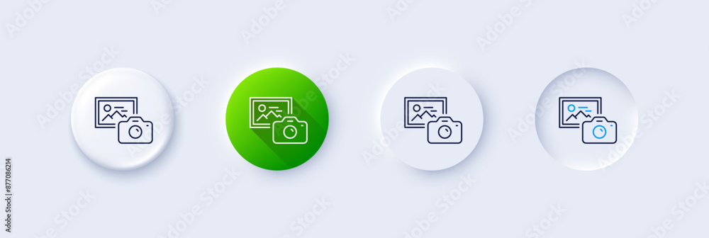Photo camera line icon. Neumorphic, Green gradient, 3d pin buttons. Image photography sign. Picture placeholder symbol. Line icons. Neumorphic buttons with outline signs. Vector Photo camera line icon. Neumorphic, Green gradient, 3d pin buttons. Image photography sign. Picture placeholder symbol. Line icons. Neumorphic buttons with outline signs. Vector