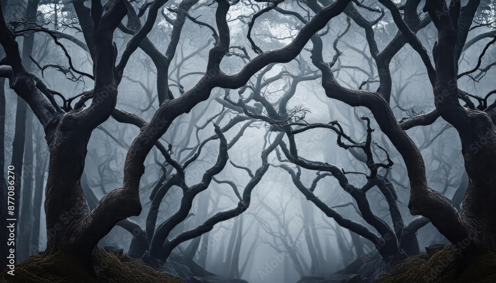 Scary images, spooky Halloween night, A dense, fog-shrouded forest, dead trees and fog Scary images, spooky Halloween night, A dense, fog-shrouded forest, dead trees and fog