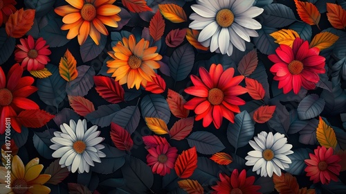 Dark floral background wallpaper design with multicolor flowers and leaves