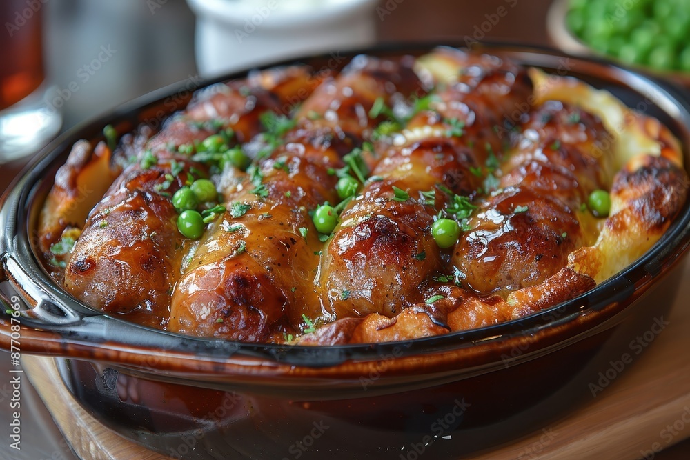 A dish of toad in the hole, with sausages baked in a Yorkshire pudding batter, served with peas and onion gravy. A dish of toad in the hole, with sausages baked in a Yorkshire pudding batter, served with peas and onion gravy.