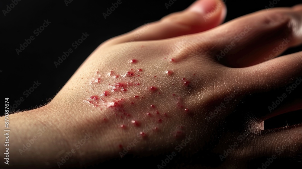 Close up acne patches on hand against black background for skin treatment and cleansing Close up acne patches on hand against black background for skin treatment and cleansing