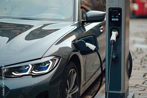 Close-up of an electric car charging at a public station, representing eco-friendly transportation and sustainable energy solutions. © AI Farm