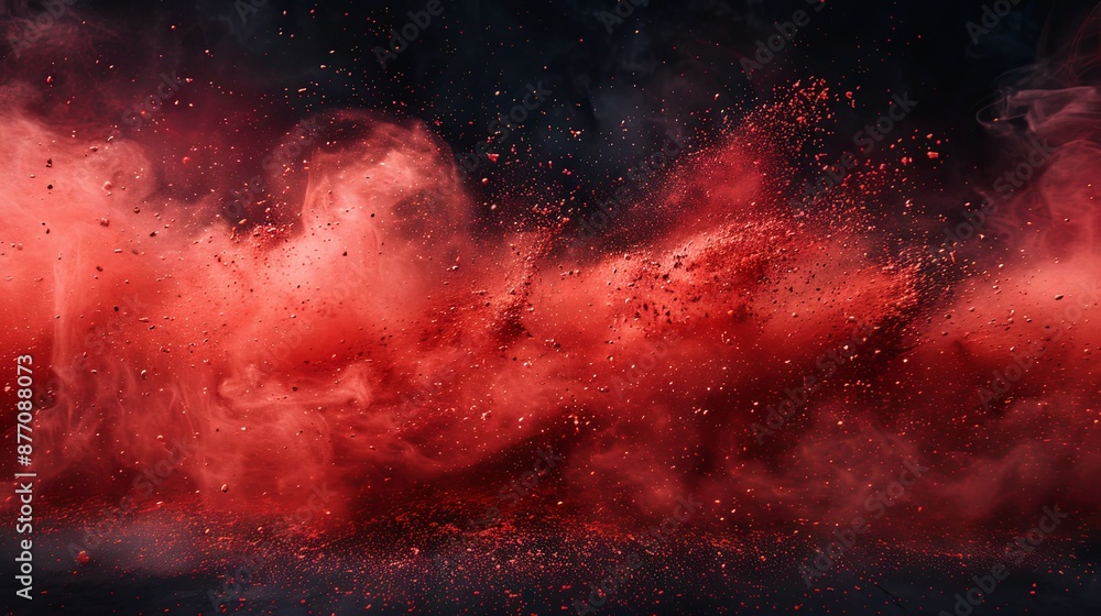 Capture the stillness of a vivid red powder burst against a black backdrop in an abstract display of a crimson dust cloud with particles spreading out, ideal as a copy space image Capture the stillness of a vivid red powder burst against a black backdrop in an abstract display of a crimson dust cloud with particles spreading out, ideal as a copy space image