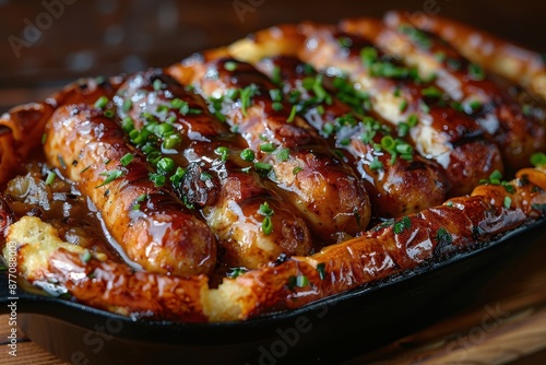 Wallpaper Mural A dish of toad in the hole, with sausages baked in a Yorkshire pudding batter, served with peas and onion gravy.  Torontodigital.ca