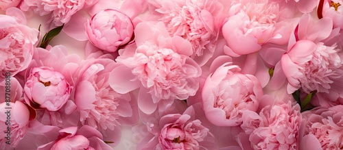 Top view of fresh, fluffy peony flowers in full bloom in a beautiful arrangement, perfect for a copy space image. photo