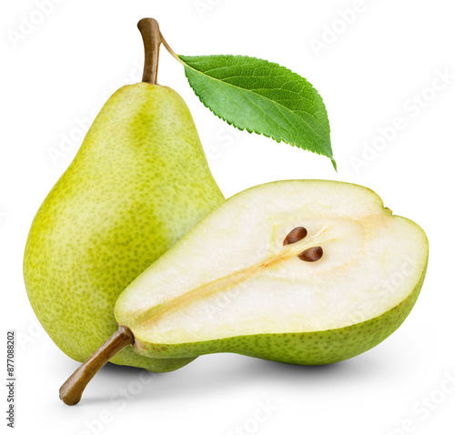 Pear with leaf isolated png. Green pear with a half on transparent background. PNG format. Pear with slice no background. Full depth of field. © Tim UR