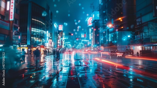 Neon Lights and Rain in the City at Night © lemoncraft