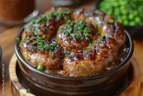 A dish of toad in the hole, with sausages baked in a Yorkshire pudding batter, served with peas and onion gravy.  photo