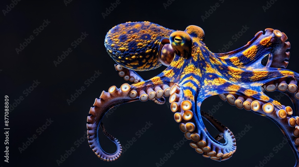 Obraz premium A blue-orange octopus sits atop a wooden base against a black backdrop Its tentacles encircle a yellow-blue octopus in their midst