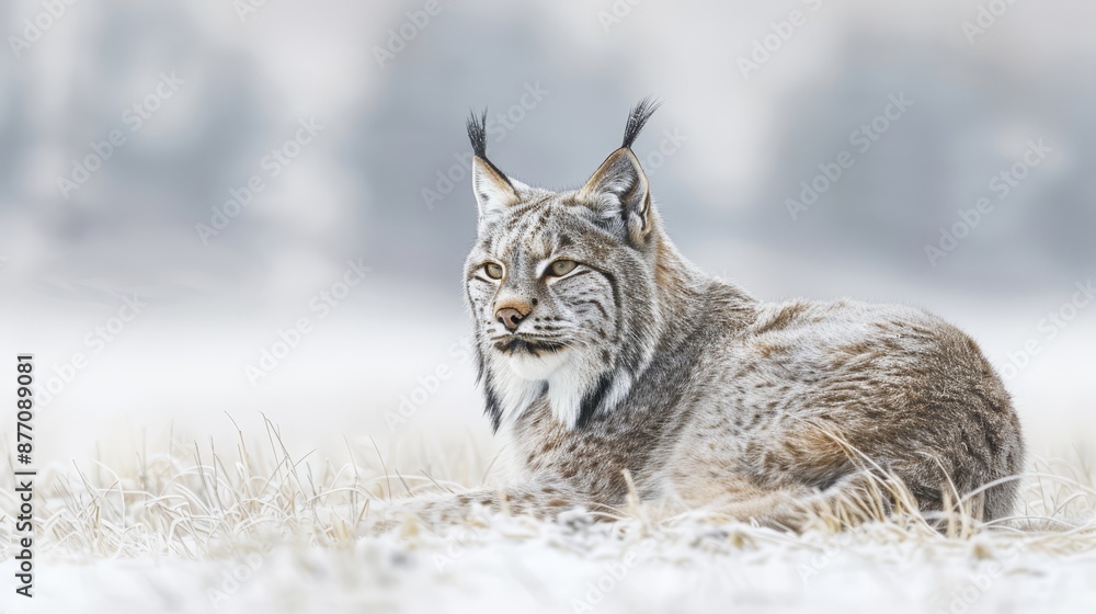 Obraz premium A tight shot of a feline in a meadow of tall grasses, blanketed with snow Background includes trees