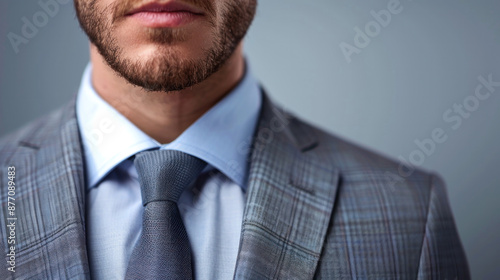 A man in a suit and tie with a beard and a tie that is wet. The man is looking at the camera