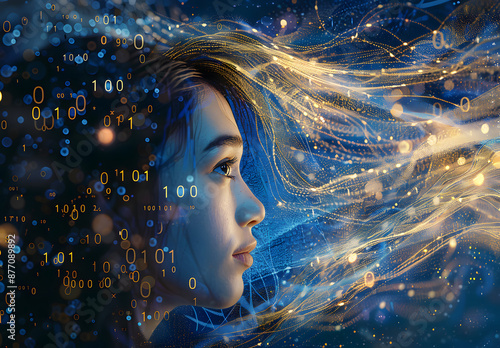 Female face against binary code. Humans look at the camera from matrix digital signs and numbers. Artificial intelligence in the network design