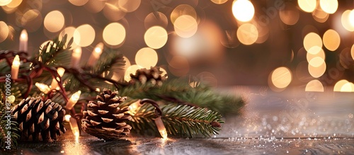 Festive Christmas decor featuring a brown garland set against a backdrop of twinkling Christmas lights providing a cheerful ambiance for your copy space image. photo