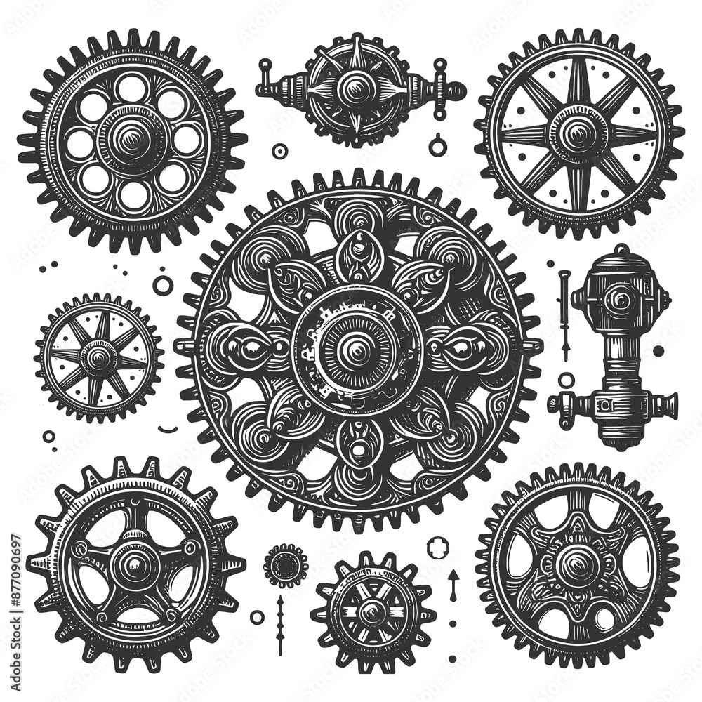 various steampunk gears and mechanical components, intricate design and ...