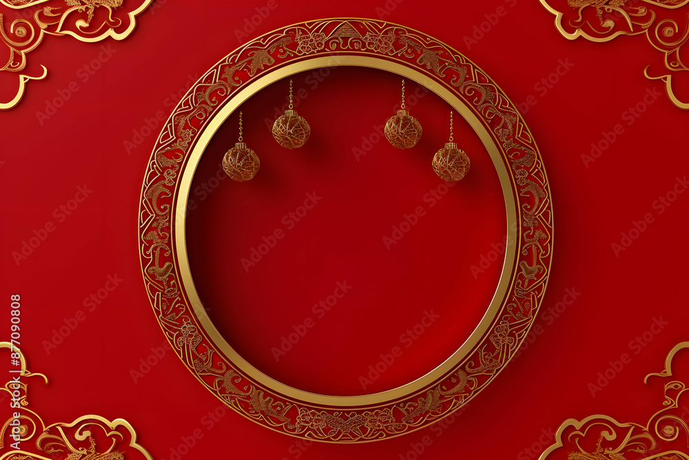 Traditional Chinese Circular Frame on Red Background Traditional Chinese Circular Frame on Red Background