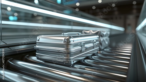 Shiny silver suitcase on an airport conveyor belt, a great image for travel lovers and contemporary decor. © Zain