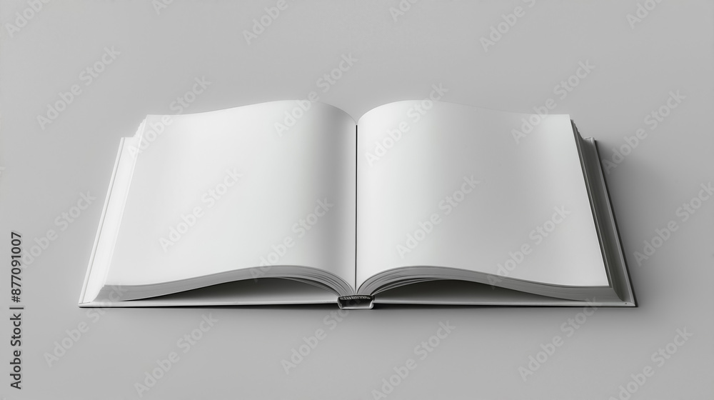 Open blank book with white pages on a grey background, ready for use in projects requiring empty book images or writing templates. Open blank book with white pages on a grey background, ready for use in projects requiring empty book images or writing templates.