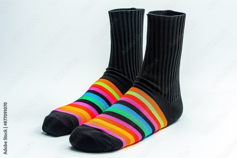 A pair of bright and cheerful socks featuring colorful stripes on a dark background A pair of bright and cheerful socks featuring colorful stripes on a dark background