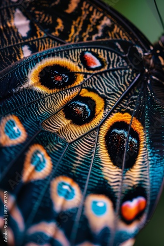  Close-up of a butterfly's blue-yellow wing against a green background