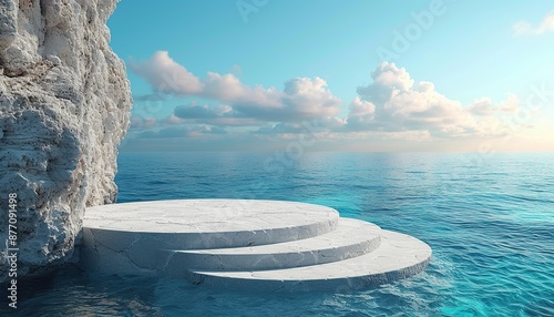 An advertising podium for advertising the product, a round stone staircase against the background of water and rocks, a sea with splashes of waves and a water surface