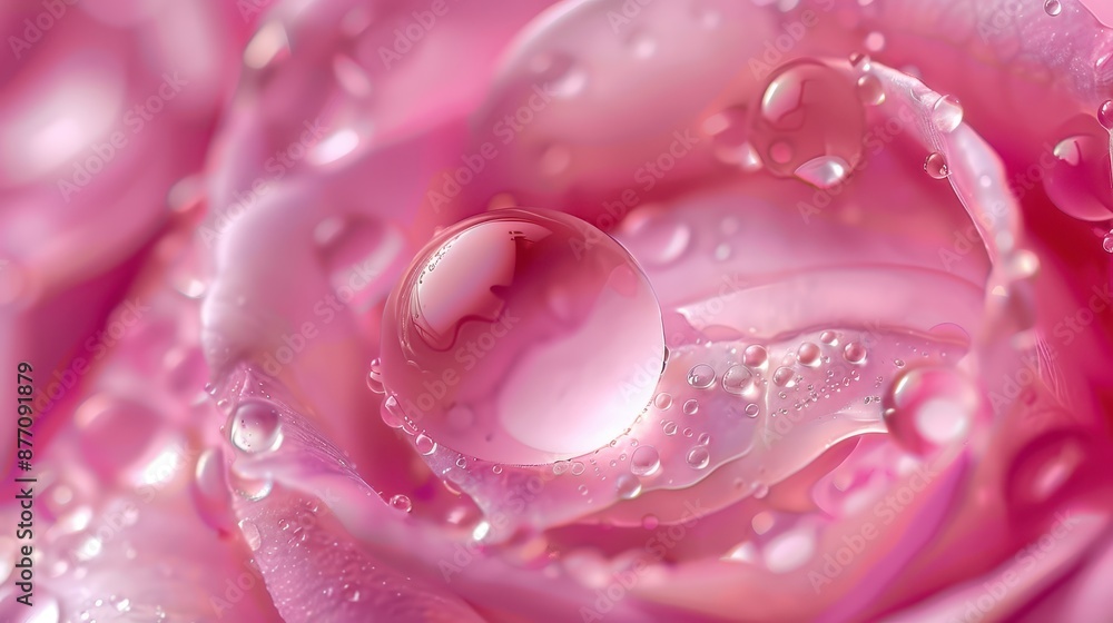 Close-up photo of pink flower petals featuring a prominent water droplet reflecting light, capturing the details and beauty of the floral arrangement. Close-up photo of pink flower petals featuring a prominent water droplet reflecting light, capturing the details and beauty of the floral arrangement.