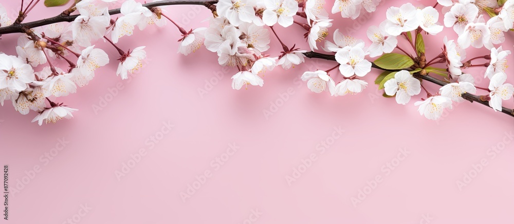 Obraz premium Top view of a spring-themed pastel pink background adorned with delicate white flowering branches, ideal for a springtime concept, with ample copy space image.