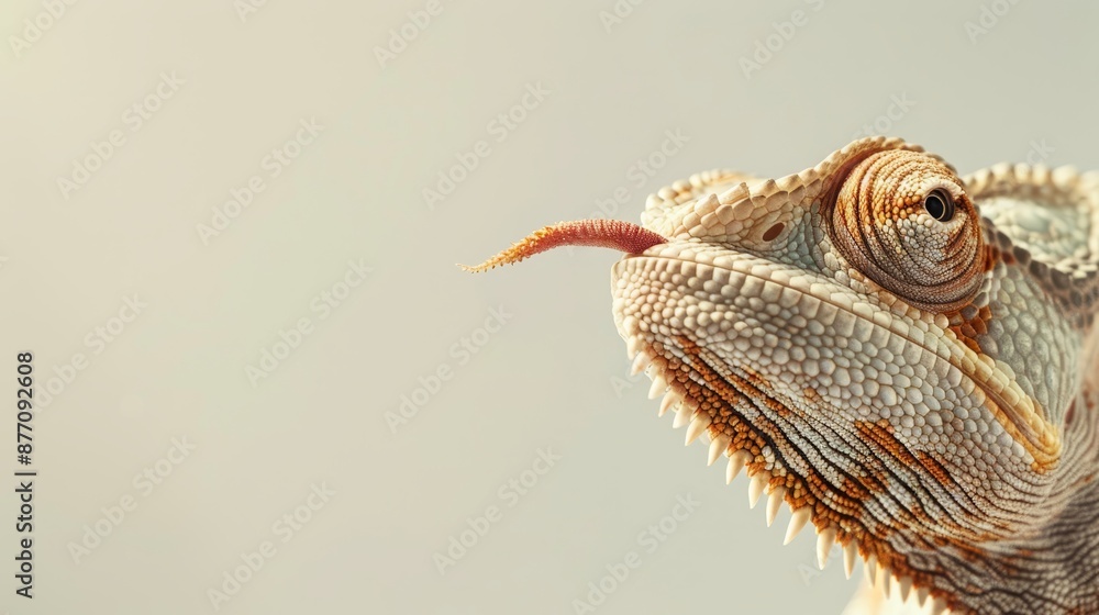 A chameleon's head up-close, tongue out and mouth agape, set against a pristine white backdrop