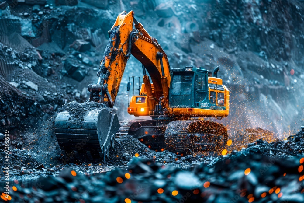 Close-up of heavy-duty mining equipment like excavators, dump trucks, and drilling machines in action Close-up of heavy-duty mining equipment like excavators, dump trucks, and drilling machines in action