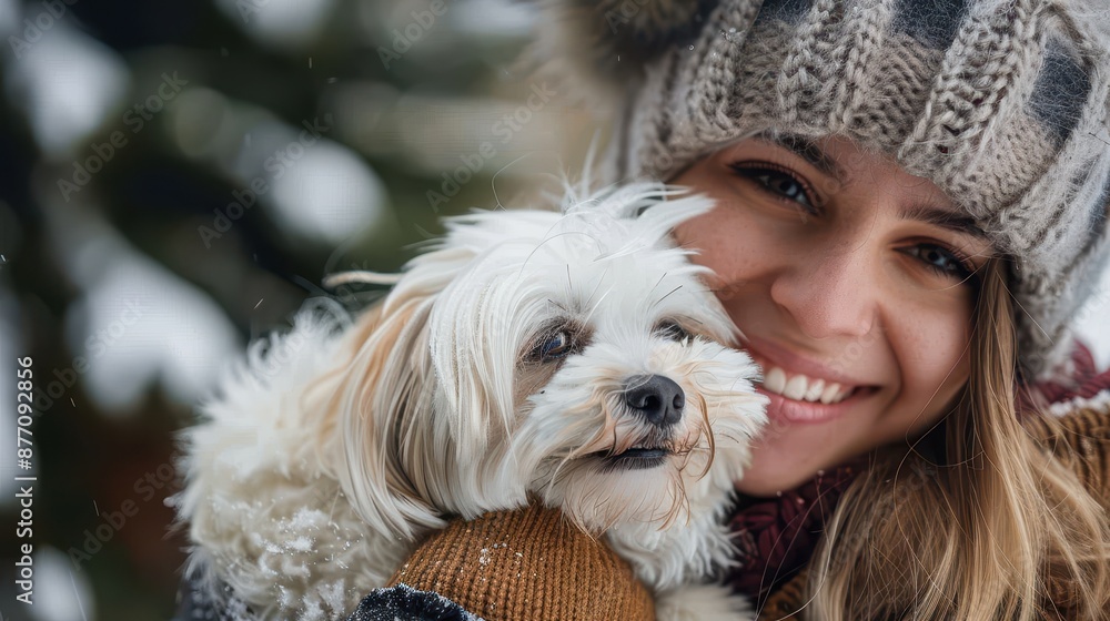 A close-up winter photograph capturing a person warmly embracing a white dog, both clad in cozy attire amidst falling snowflakes, evoking a sense of warmth and companionship. A close-up winter photograph capturing a person warmly embracing a white dog, both clad in cozy attire amidst falling snowflakes, evoking a sense of warmth and companionship.