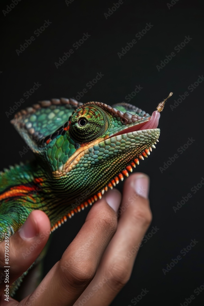 Fototapeta premium A tight shot of a hand cradling a green and orange chameleon against a black backdrop