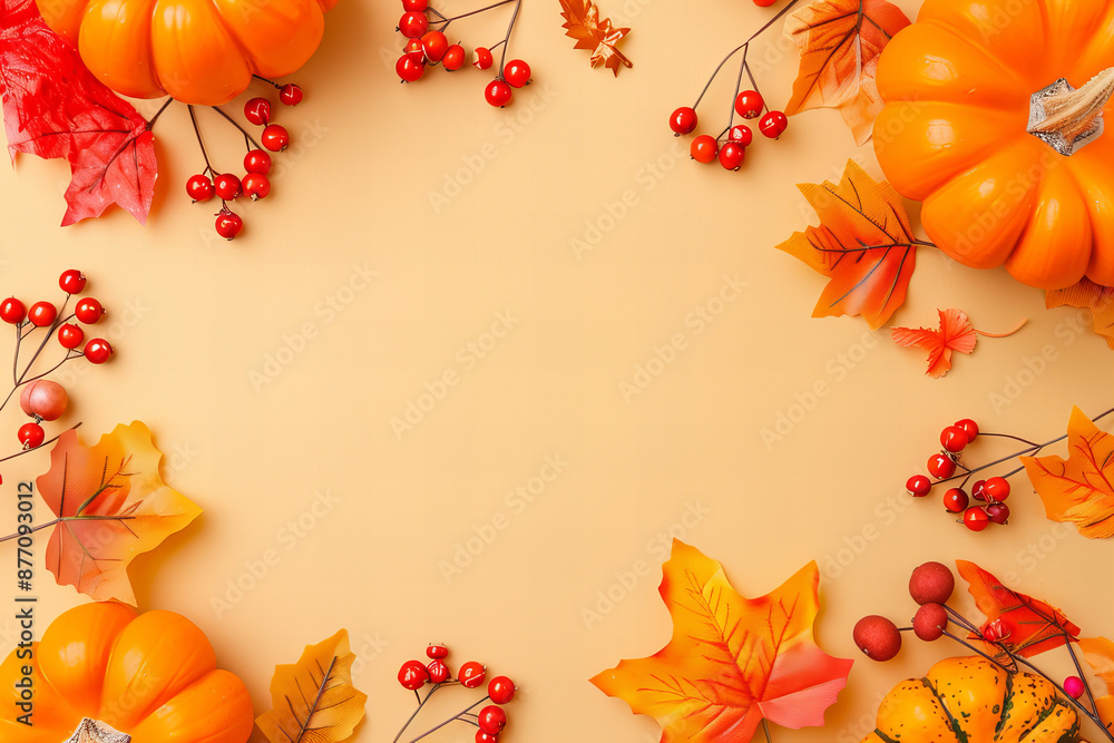 Fototapeta premium Vibrant Autumn Background with Copy Space Featuring Pumpkins and Leaves for Seasonal Design Projects
