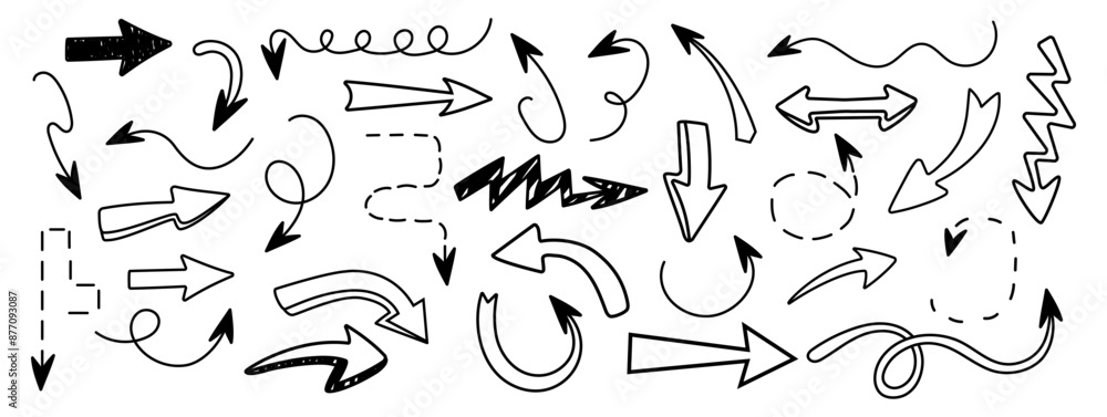 Set of arrows in different styles. Hand drawn and doodle. Editable stroke. Pencil and texture. Elements and shapes for design. Line and underline. Isolated. Mark. Curves. Abstract scribbles. Brush Set of arrows in different styles. Hand drawn and doodle. Editable stroke. Pencil and texture. Elements and shapes for design. Line and underline. Isolated. Mark. Curves. Abstract scribbles. Brush
