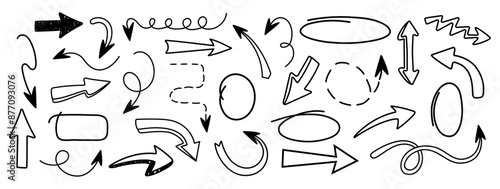 Set of arrows in trendy style. Hand drawn and doodle. Vector. Textbox and bubbles. Frame. Editable stroke. Pencil and texture. Elements, shapes for design. Line and underline. Mark. Curves. Scribble