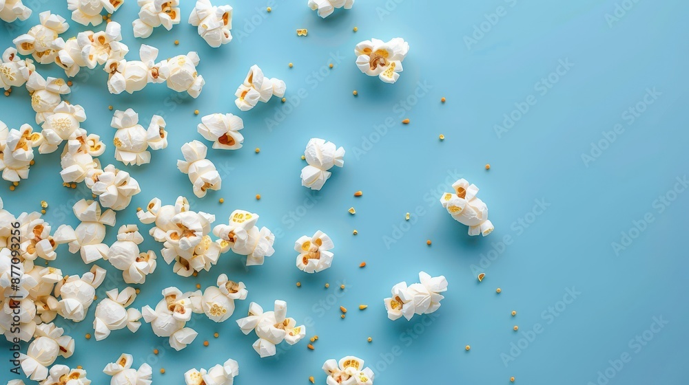 White popped popcorn unevenly scattered across a soft blue background, providing a clean, vibrant, and simple perspective of this favorite snack in high definition. White popped popcorn unevenly scattered across a soft blue background, providing a clean, vibrant, and simple perspective of this favorite snack in high definition.