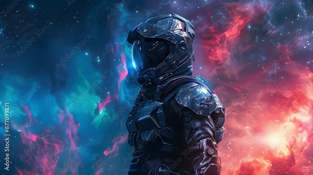 Fototapeta premium Futuristic Astronaut in Space Suit Exploring Colorful Nebula in Deep Space
