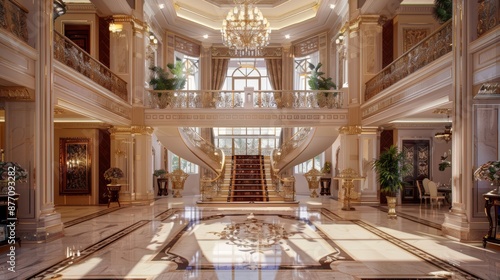 Opulent mansion with grand entrance and high ceilings, luxurious interior decor   realistic image