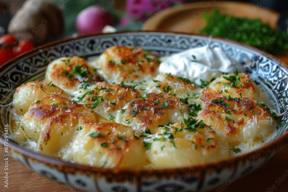 A dish of vareniki, Russian dumplings filled with potatoes and cheese, served with a side of sour cream. A dish of vareniki, Russian dumplings filled with potatoes and cheese, served with a side of sour cream.