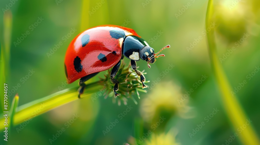 Fototapeta premium A detailed macro photograph of a ladybug resting on a wildflower, set against a beautifully blurred green field background, highlighting the intricate wonders of nature.