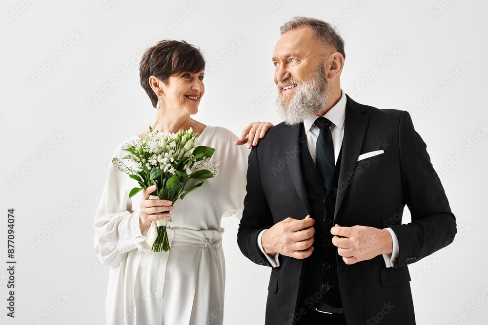 A middle-aged bride and groom celebrate their special day in a studio, the man in a tuxedo and the woman in a white dress. A middle-aged bride and groom celebrate their special day in a studio, the man in a tuxedo and the woman in a white dress.