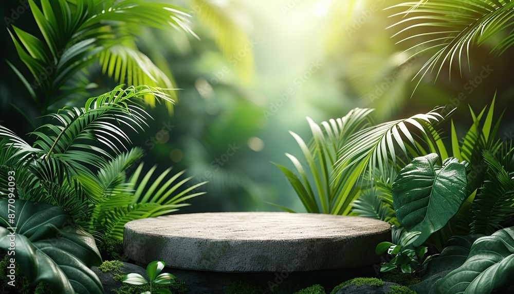 A white stone podium against the background of a sunny natural forest, an advertising mockup for product presentation. A white stone podium against the background of a sunny natural forest, an advertising mockup for product presentation.