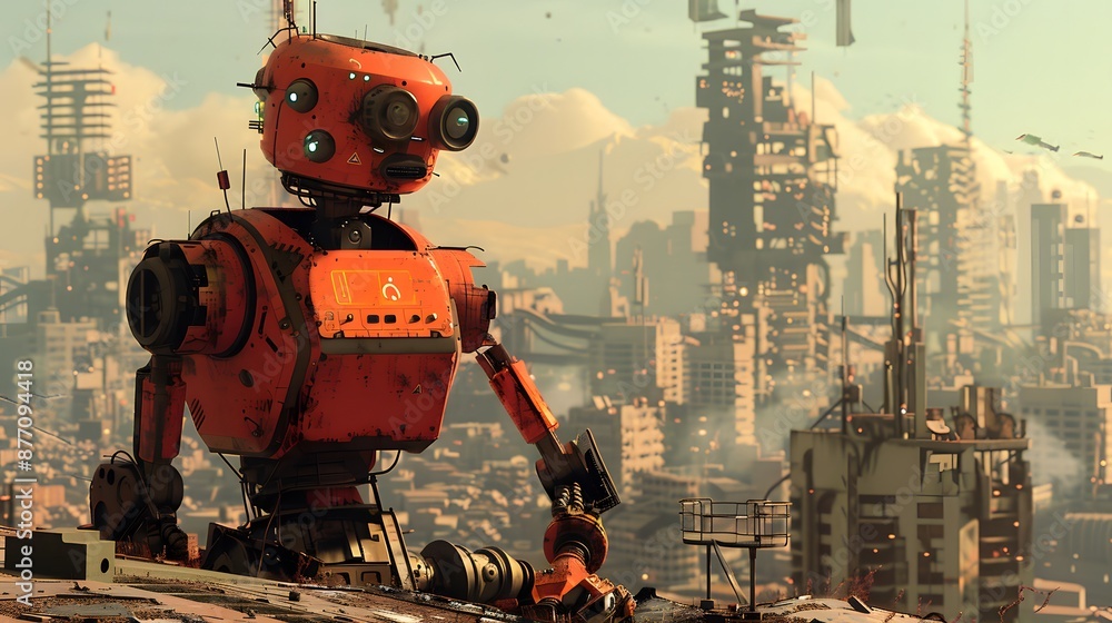 Futuristic Red Robot Overlooking a Post-Apocalyptic Cityscape with Skyscrapers and Industrial Structures Futuristic Red Robot Overlooking a Post-Apocalyptic Cityscape with Skyscrapers and Industrial Structures